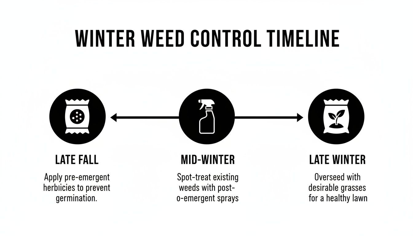 Winter weed control timeline outlining steps for late fall, mid-winter, and late winter lawn care.