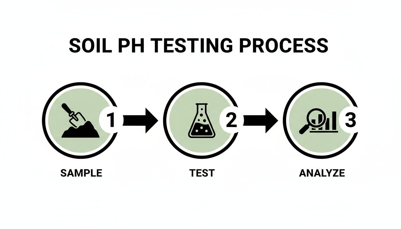 A visual guide illustrating the soil pH testing process with three steps: sample, test, analyze.