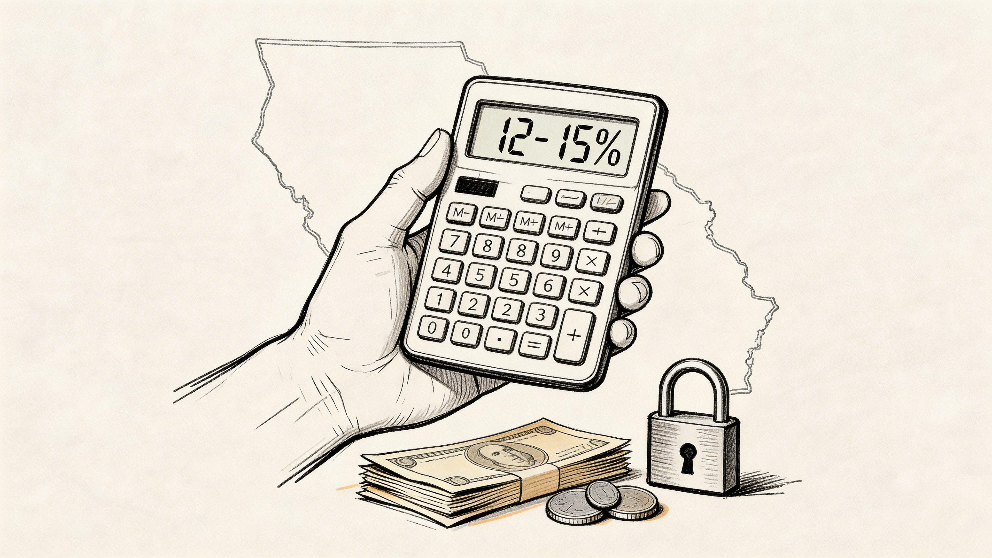 A hand holds a calculator showing 12-15% interest near a stack of cash and a locked padlock.