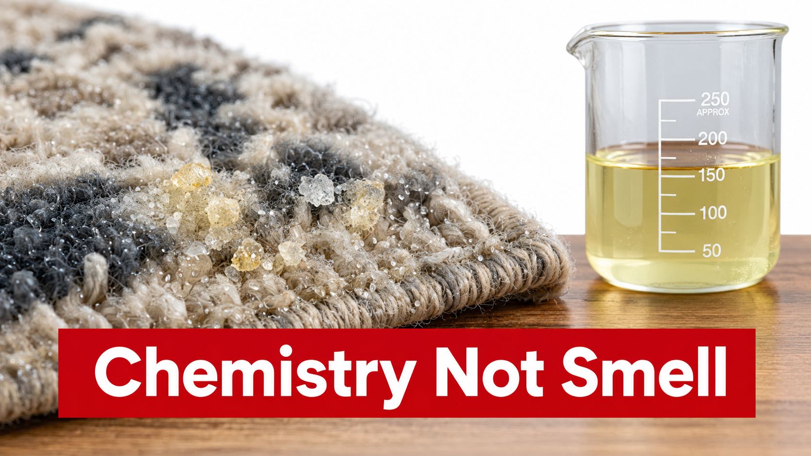 A chemical cleaner being used to remove pet urine odor from a textured carpet surface.