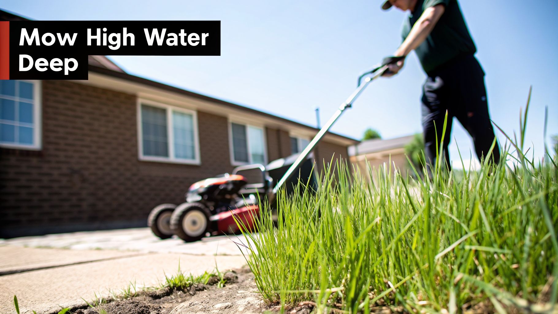 Person mowing a vibrant green lawn with a push mower on a sunny day near a house.