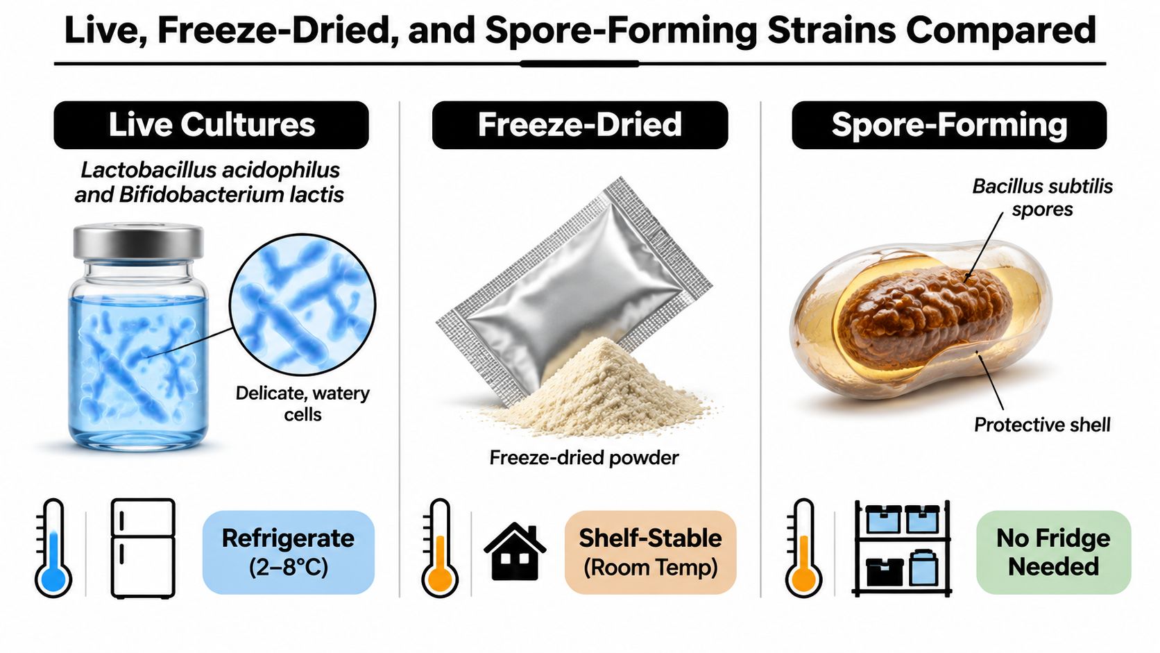 A comparison chart showing the storage requirements for live cultures, freeze-dried probiotics, and spore-forming strains.
