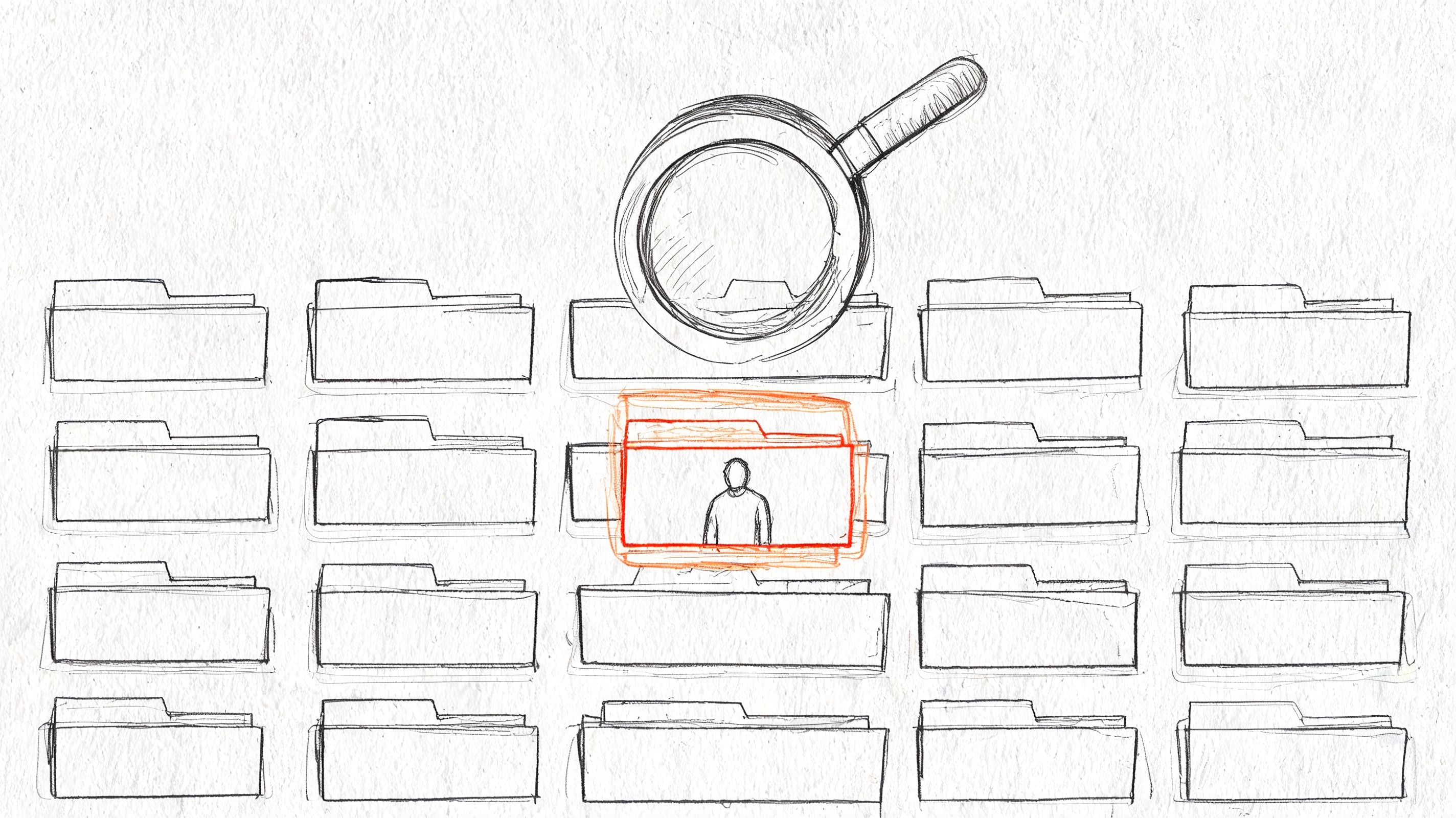 A hand-drawn sketch showing a magnifying glass searching through a grid of file folders to locate one person.