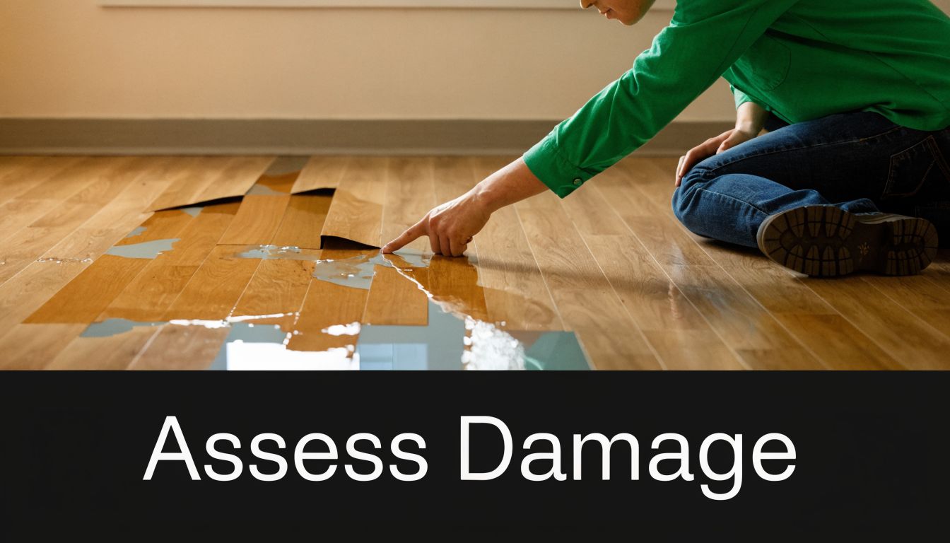 A person kneeling on the floor and pointing at a section of wood flooring damaged by water