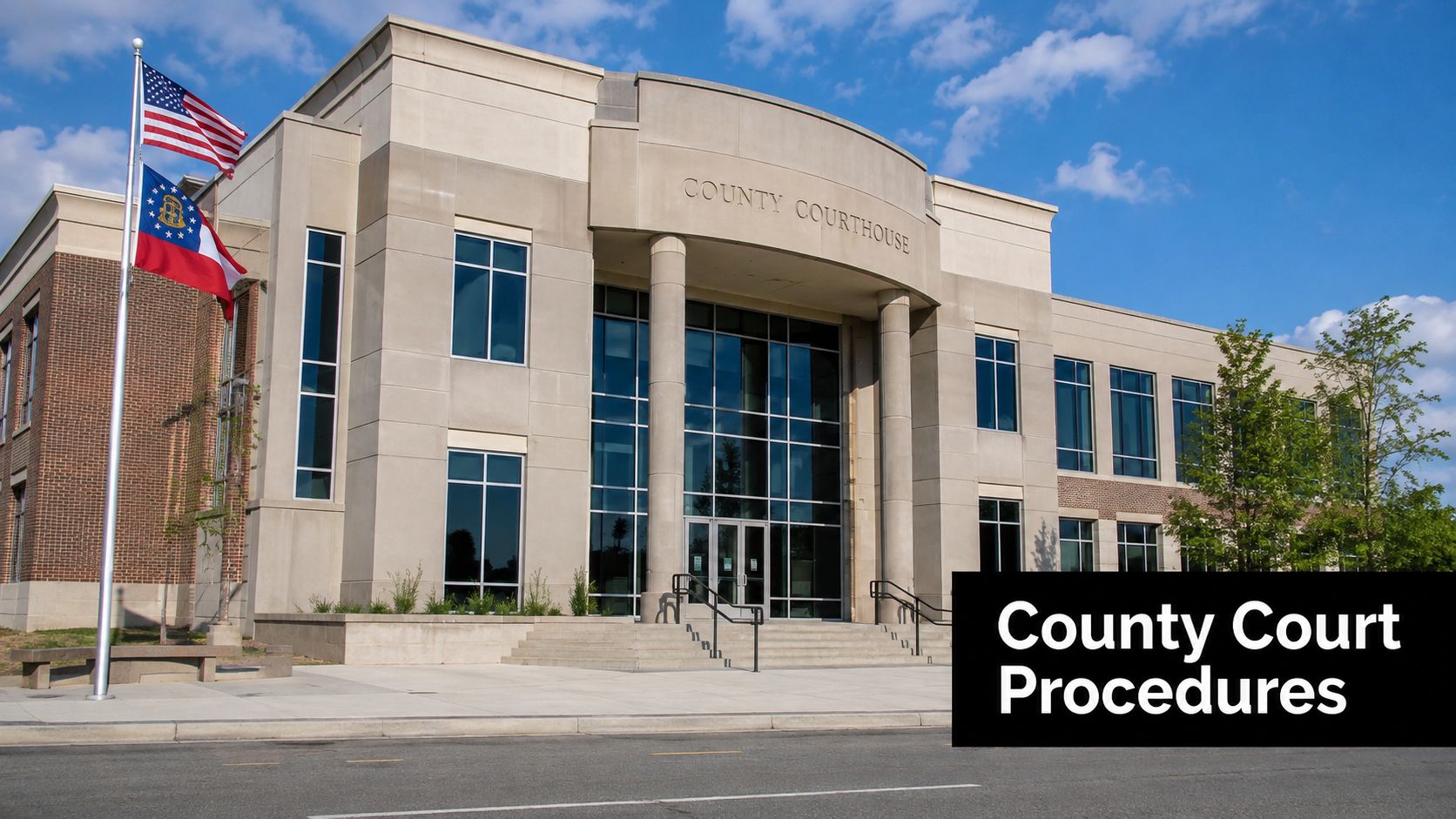 A modern stone and brick county courthouse building under a bright blue sky with American and Georgia flags.