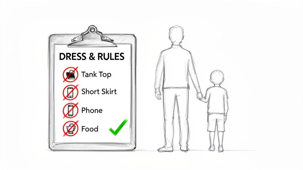 Sketch of a clipboard listing 'DRESS & RULES' with forbidden items, next to an adult and child holding hands.