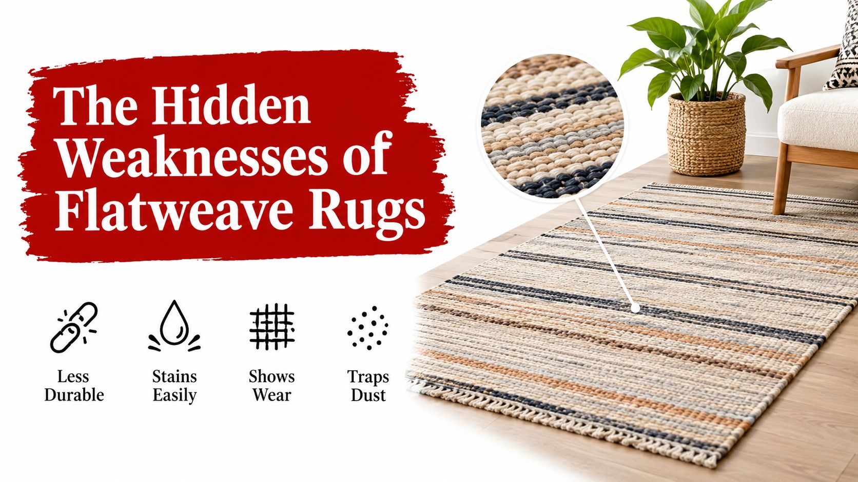 Graphic titled The Hidden Weaknesses of Flatweave Rugs, listing durability, staining, wear, and dust trapping issues.