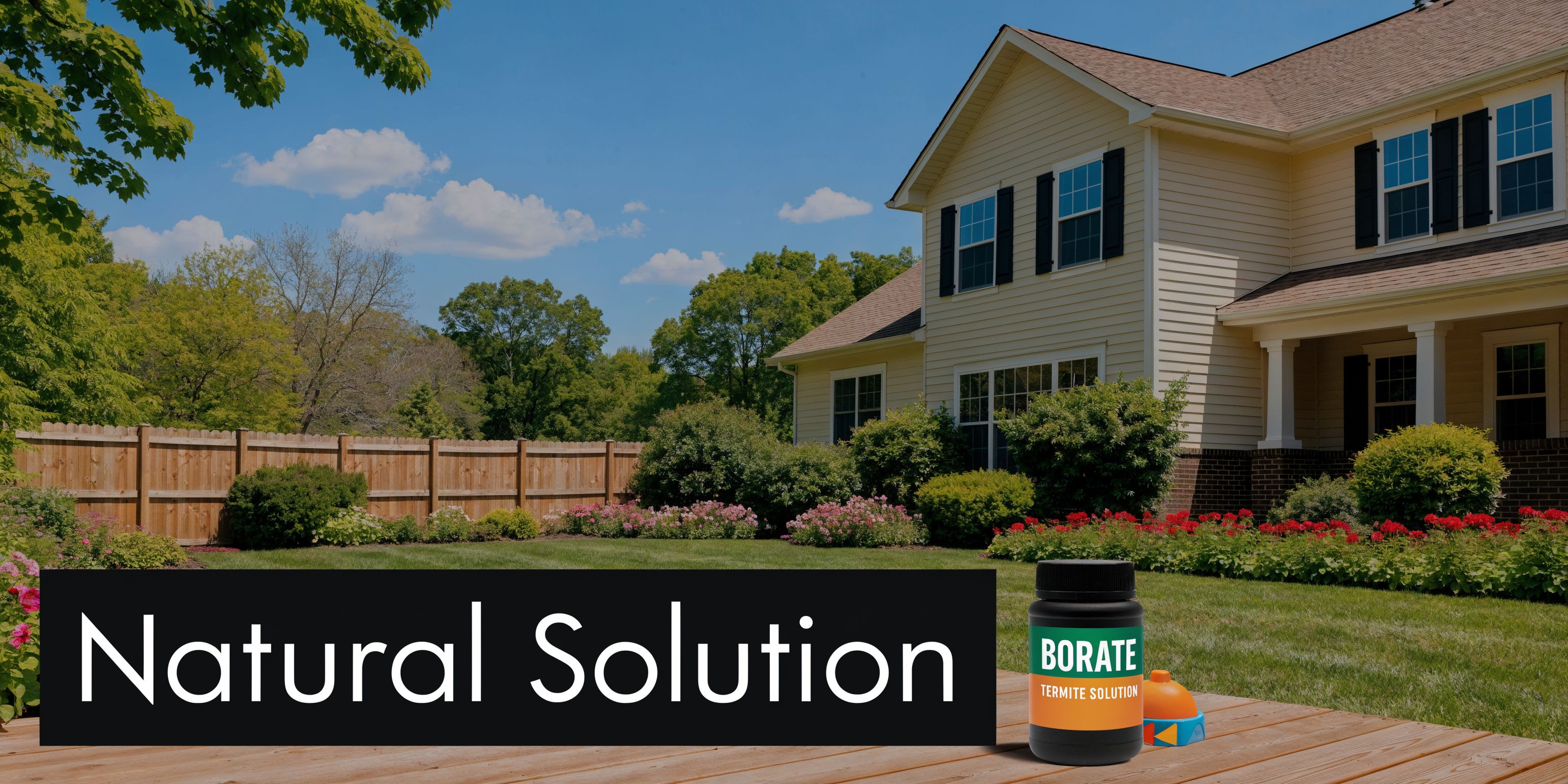 A bottle of Borate termite solution sitting on a wooden deck in front of a suburban home.