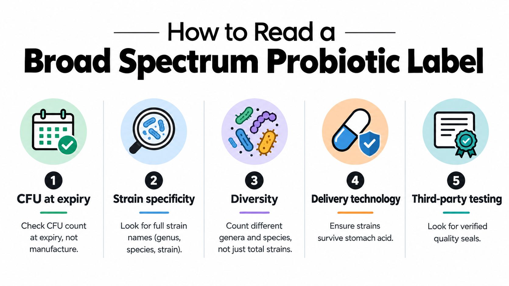 An infographic titled How to Read a Broad Spectrum Probiotic Label with five numbered, illustrated steps.