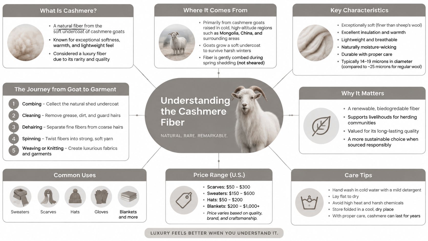 An informative infographic illustrating the sourcing, production, characteristics, and care instructions for luxury cashmere fiber.
