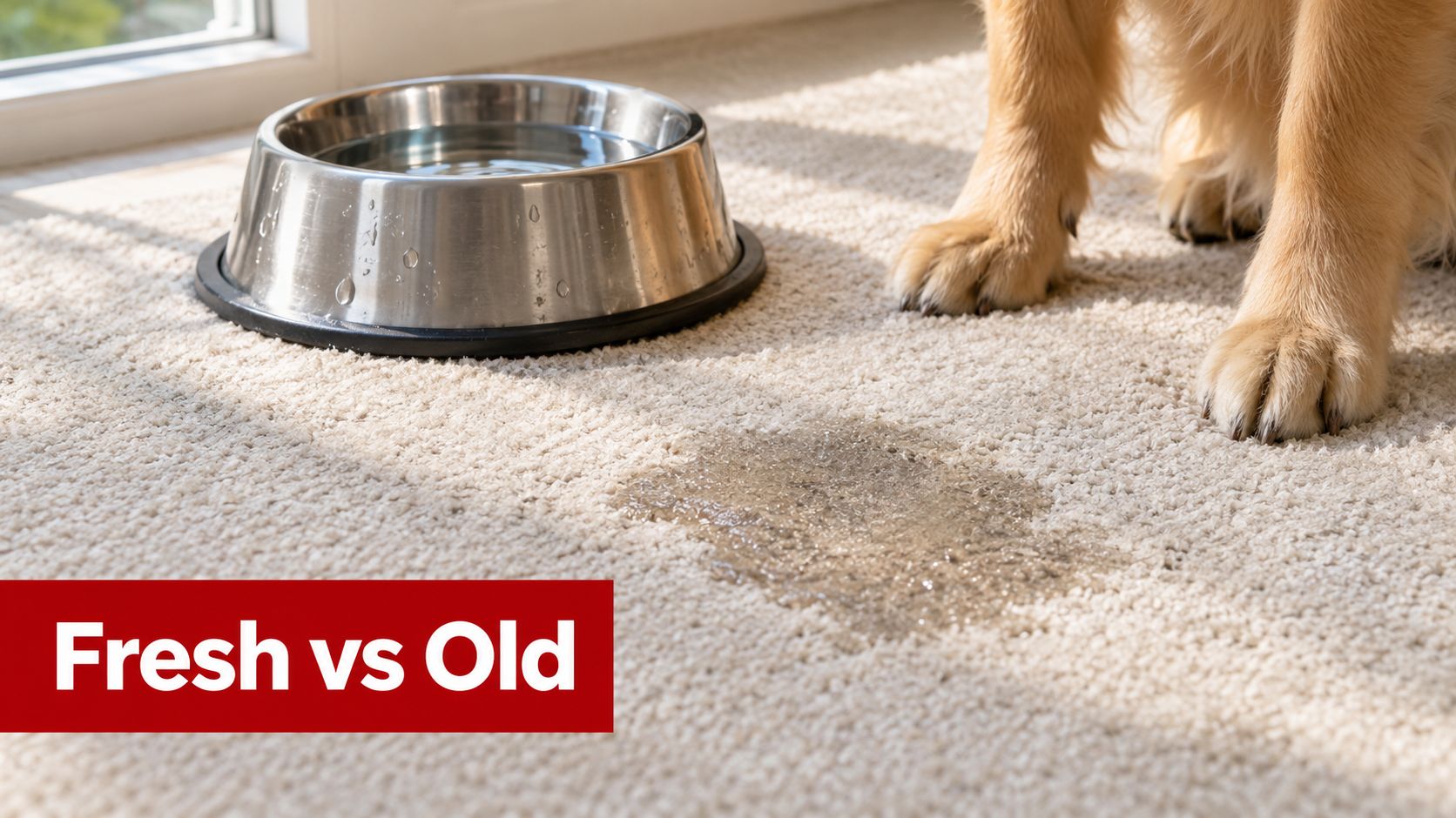 A stainless steel dog water bowl sitting on a carpeted floor next to a damp urine stain.