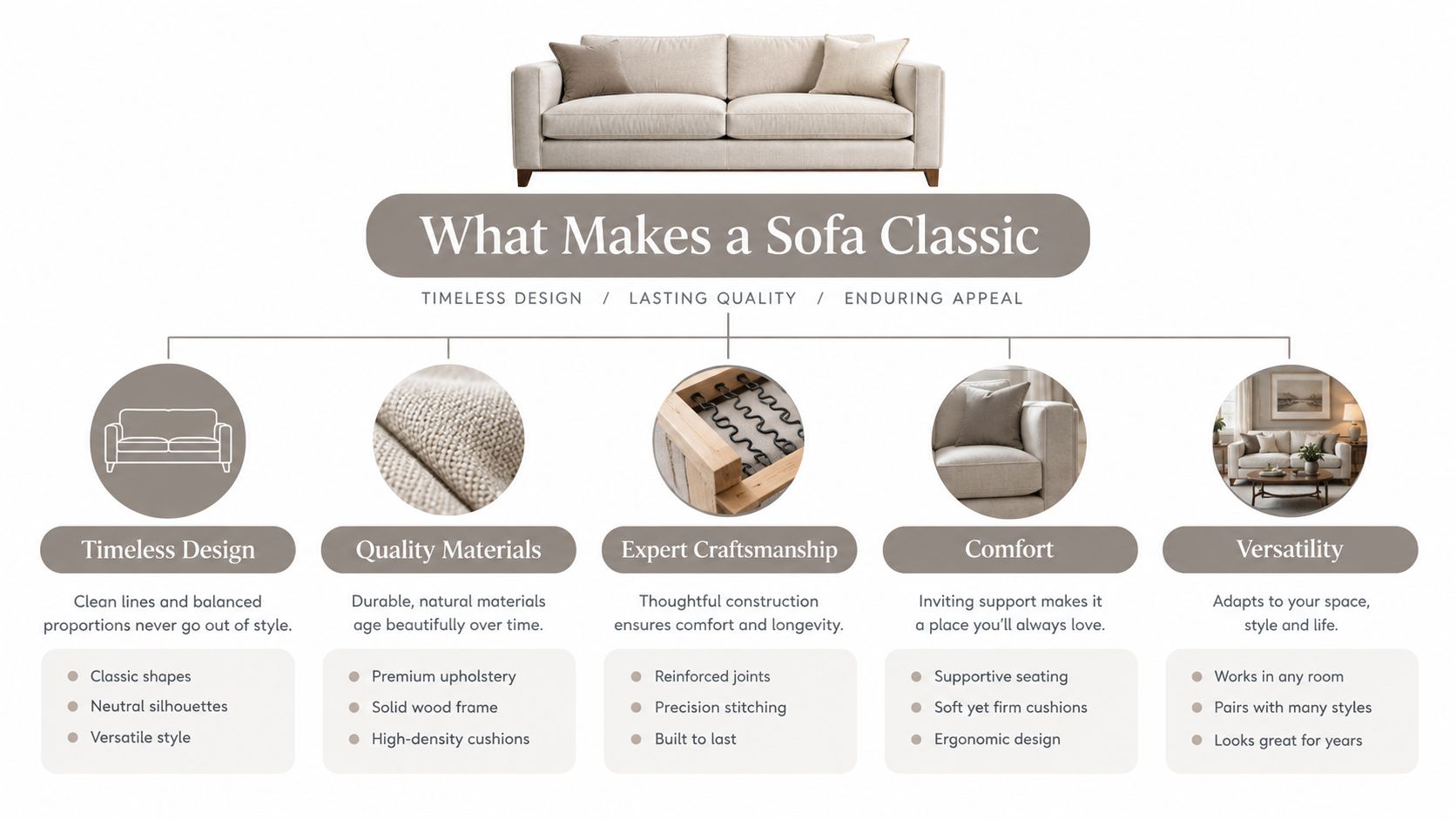 An infographic showing the five key factors that contribute to the timeless and lasting quality of classic sofas.