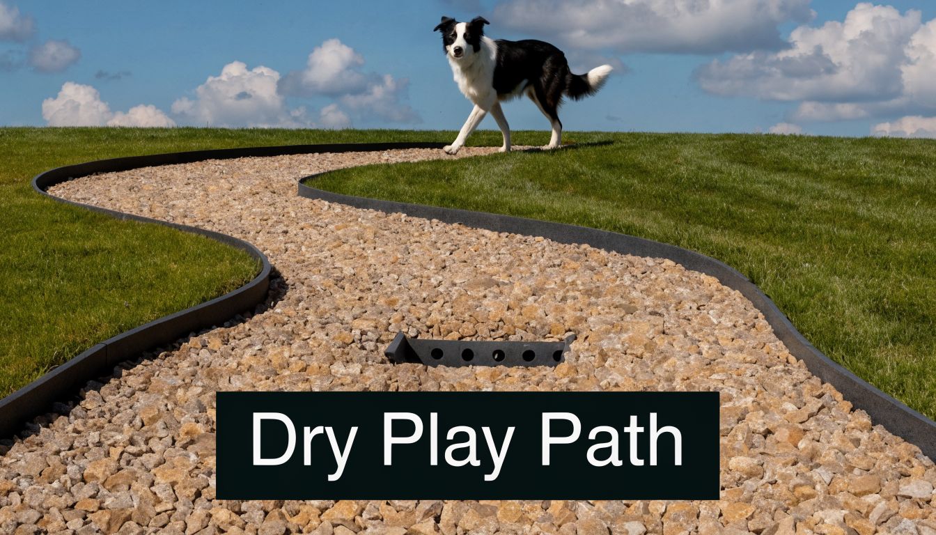 A black and white border collie walking on a winding gravel dry play path in a yard.