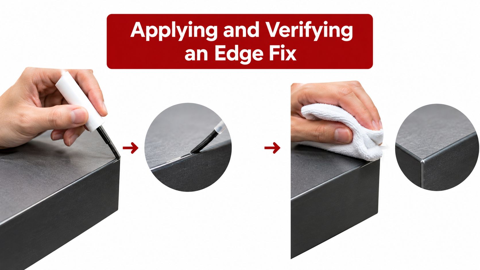 A hand using a small brush to apply a sealant to the sharp edge of a tiled surface.