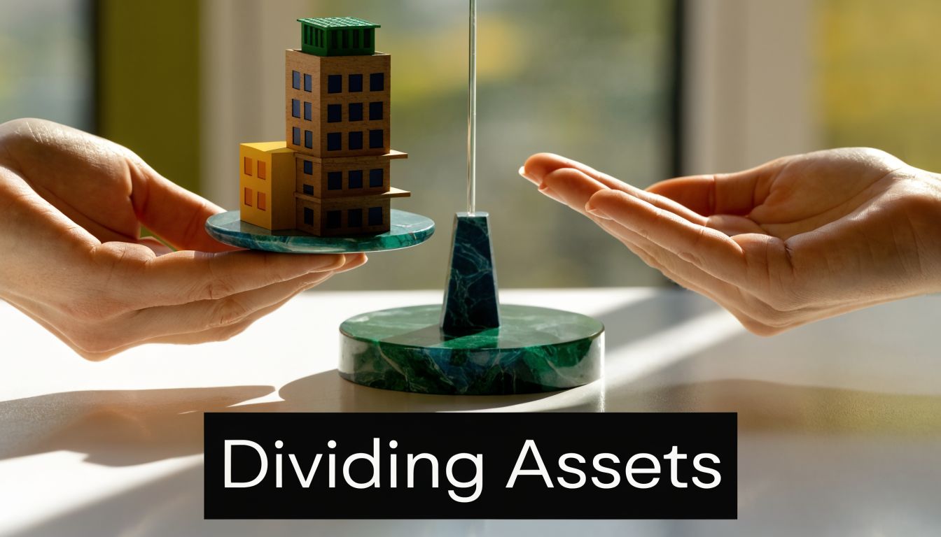 A person holding a toy building on a scale balance to represent the legal process of dividing assets.