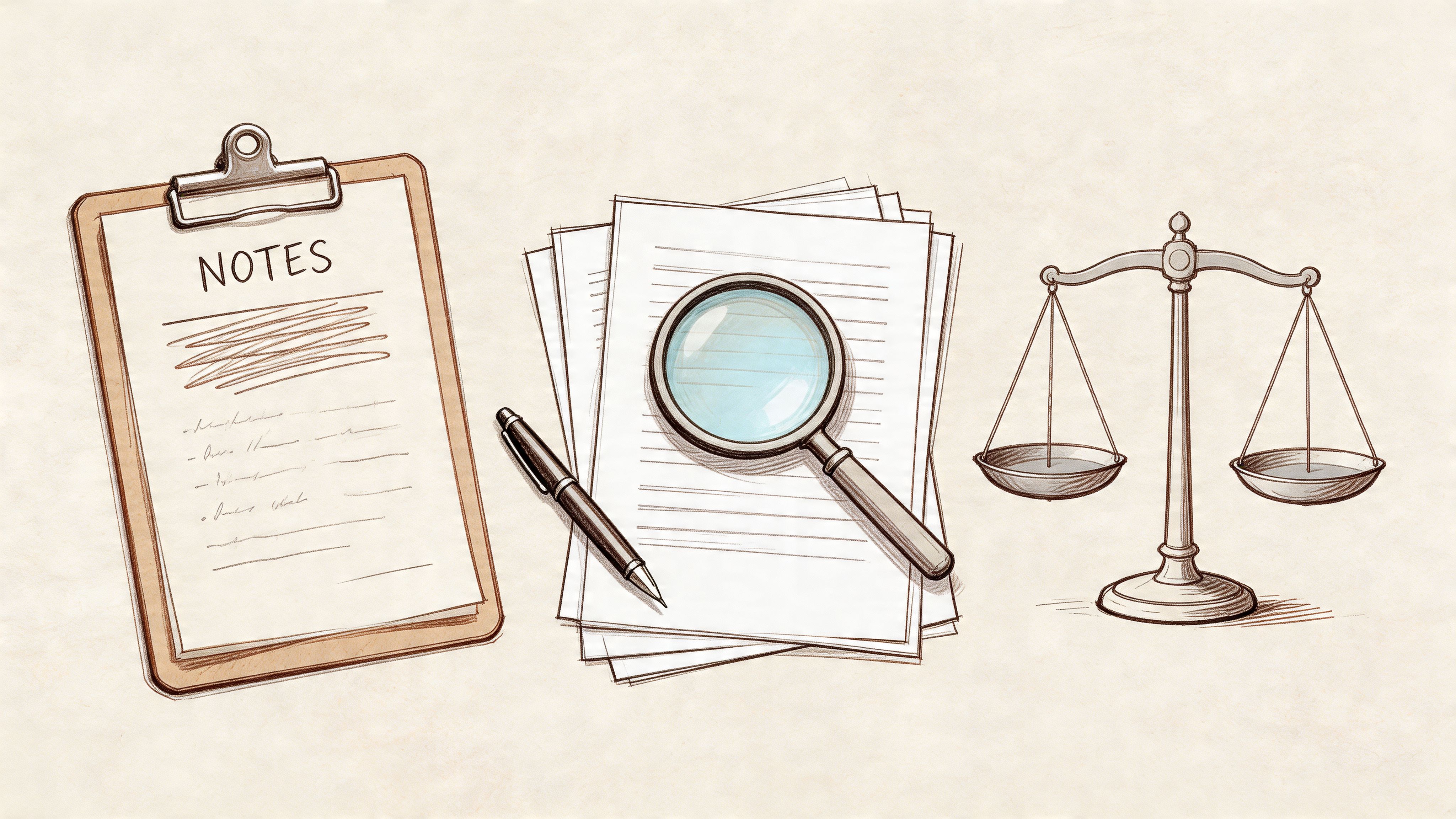 A conceptual illustration showing a clipboard with notes, a magnifying glass on documents, and a scale of justice.