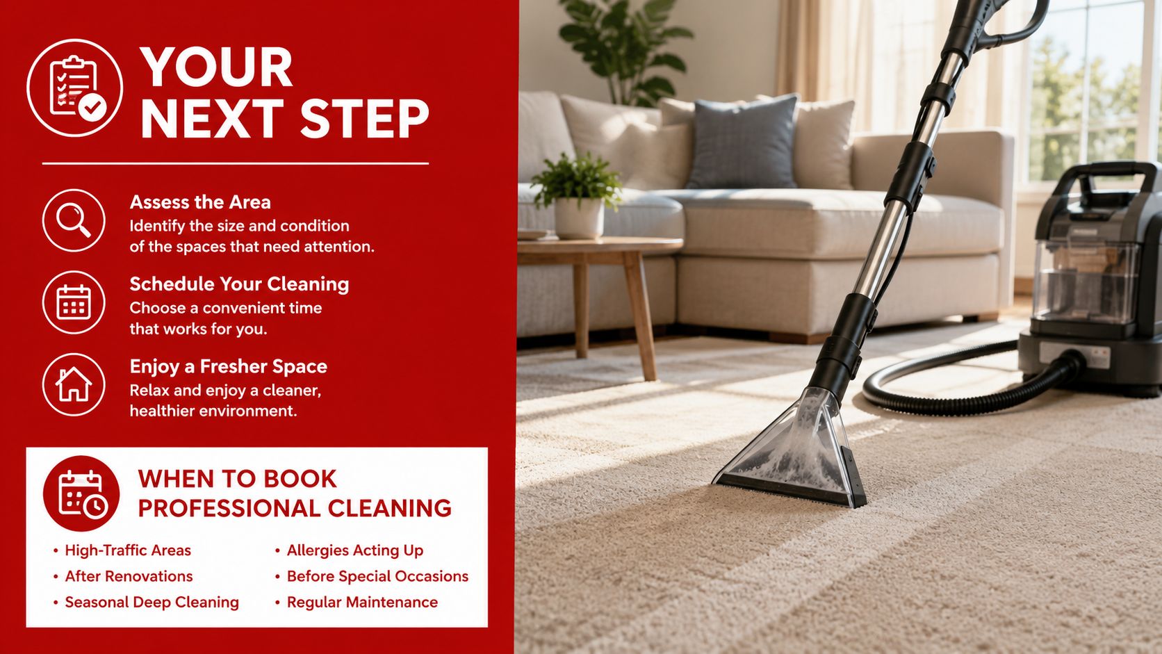 A carpet cleaner vacuuming a residential rug with steps for booking professional cleaning services listed alongside.