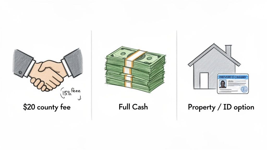 An illustration showing three bail bond options: fee-based, full cash payment, and property or ID as collateral.