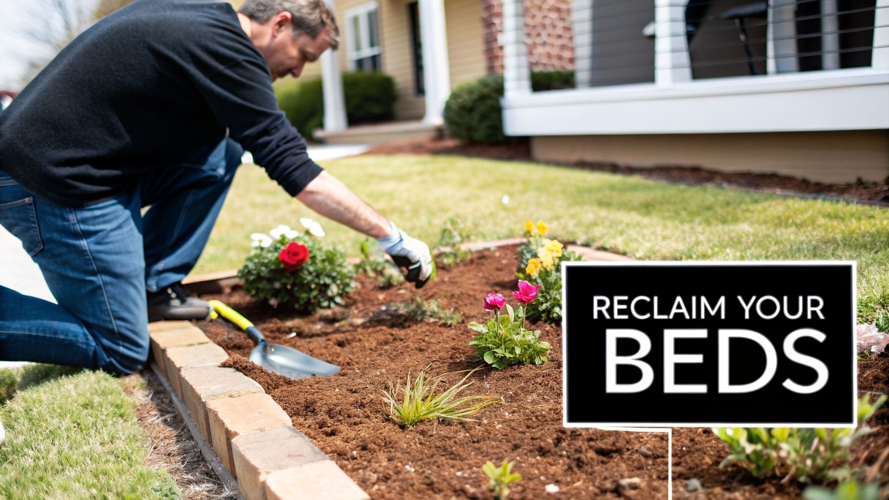 A man gardening a flower bed, planting colorful flowers and tending to the soil, with a 'RECLAIM YOUR BEDS' sign.