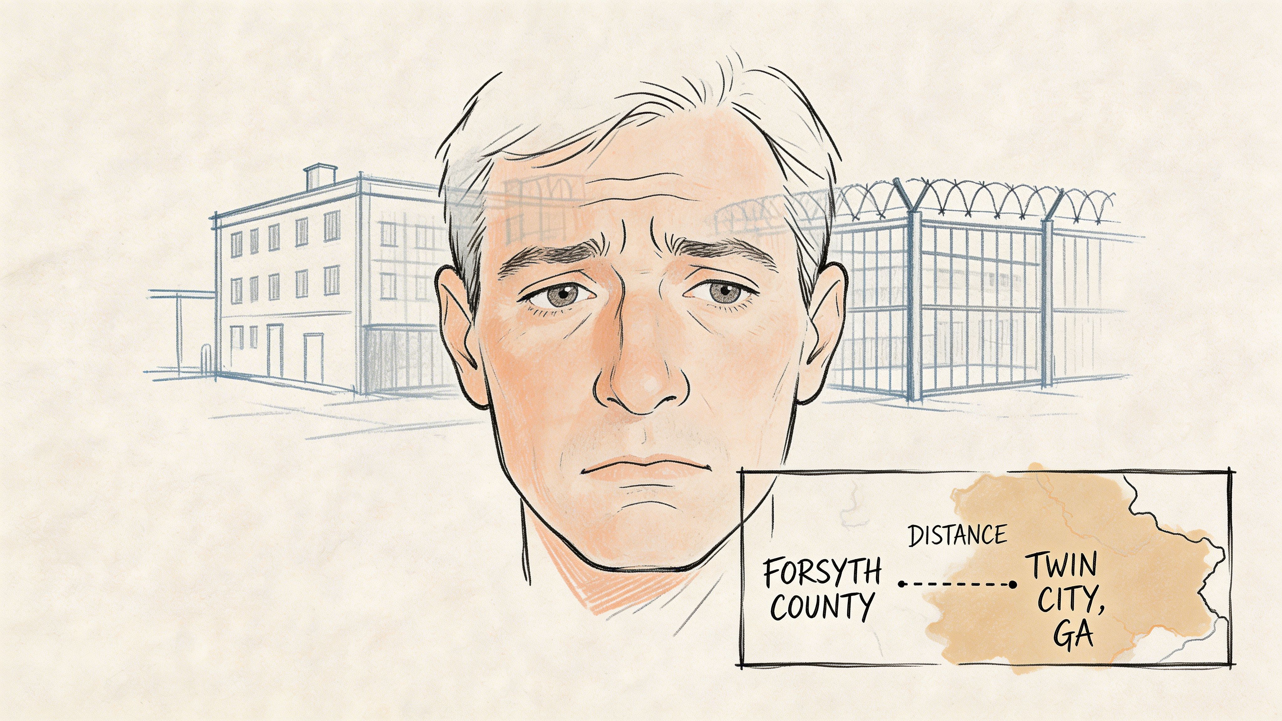 A conceptual illustration showing a man's somber face with a prison facility and a location map background.