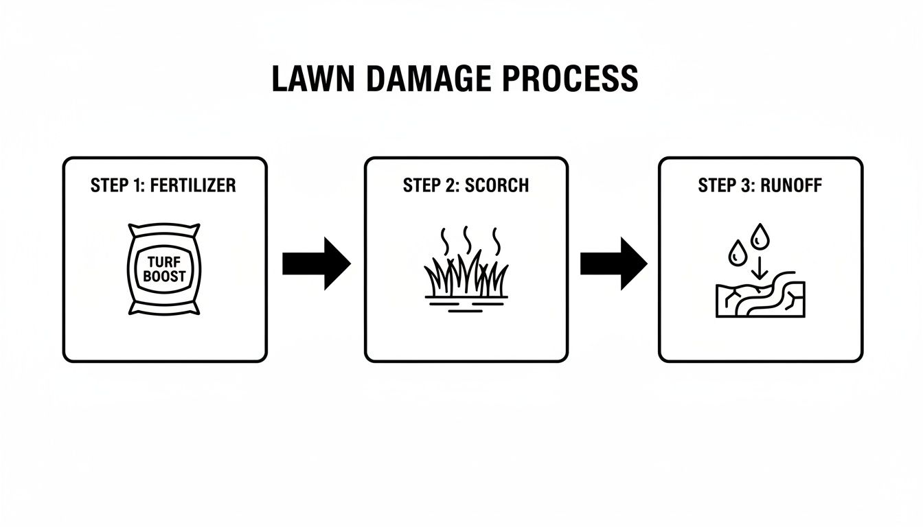 A diagram illustrating the lawn damage process: over-fertilizing causes scorched grass and nutrient runoff.