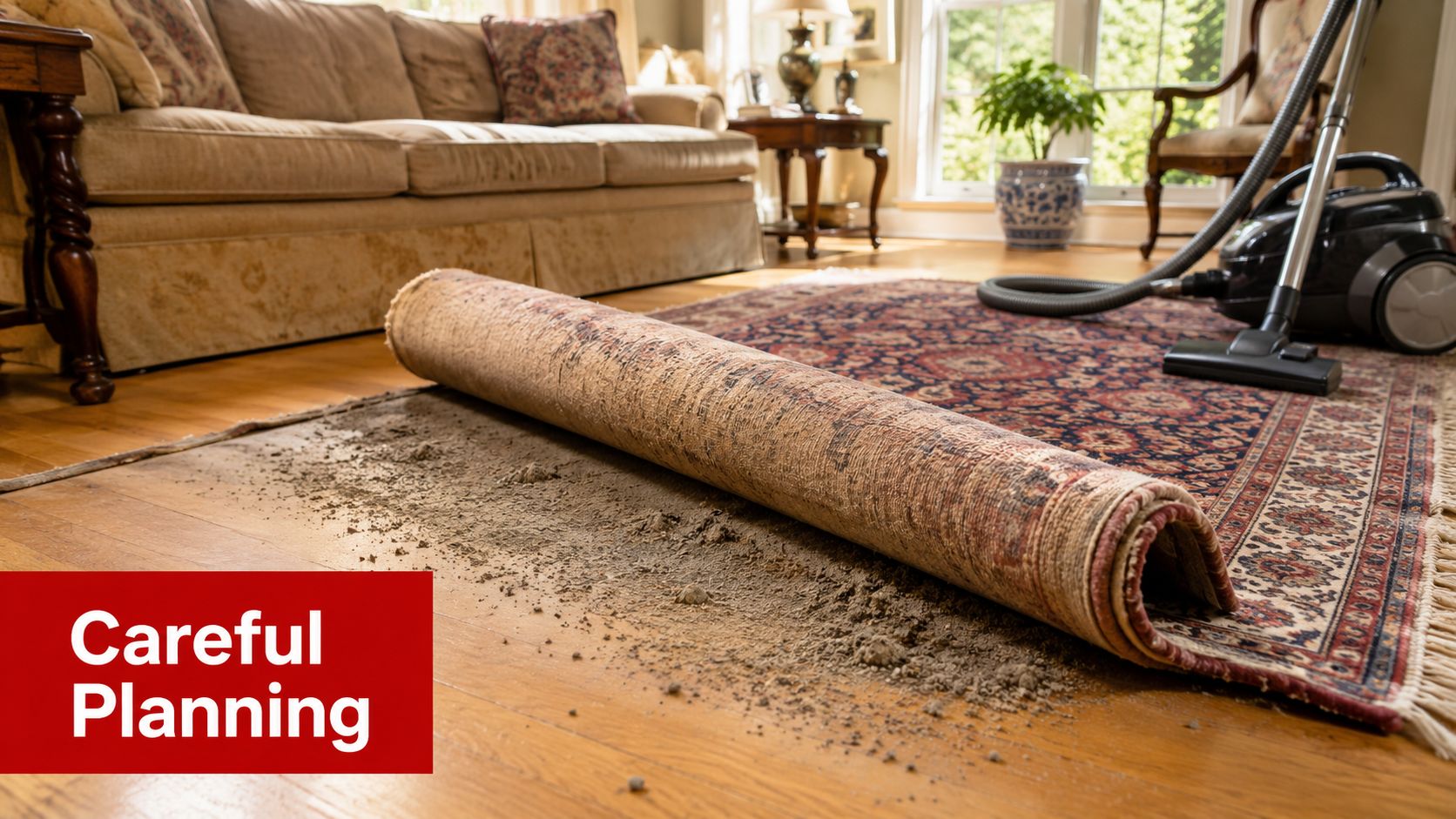 A rolled up antique rug exposing a significant amount of dust and debris on the hardwood floor.