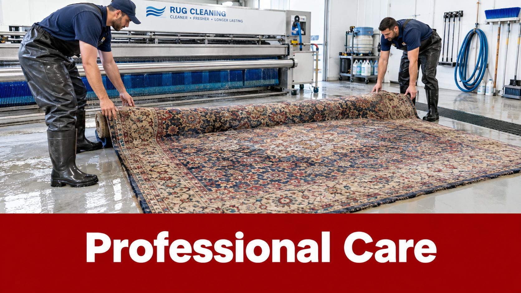 Two professional cleaners in waterproof gear carefully process a large patterned area rug at a facility.