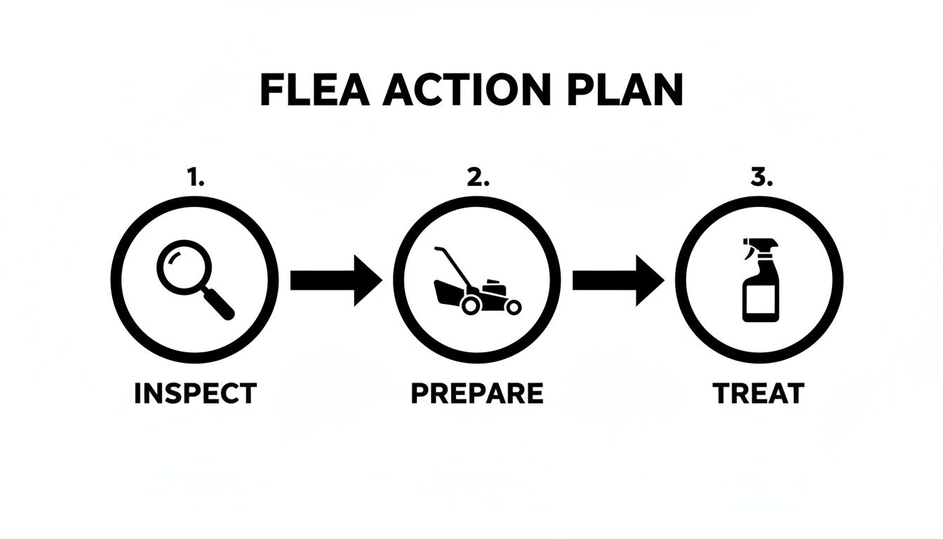 A three-step flea action plan diagram showing inspect, prepare, and treat steps with icons.