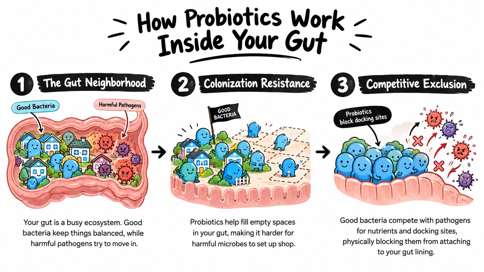 A diagram explaining how probiotics maintain gut health through colonization resistance and competitive exclusion of pathogens.