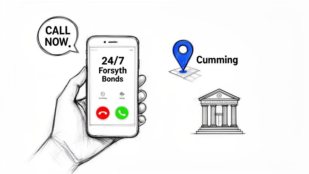 A hand holding a smartphone with 'CALL NOW' for 24/7 Forsyth Bonds, a map pin for Cumming, and a courthouse.