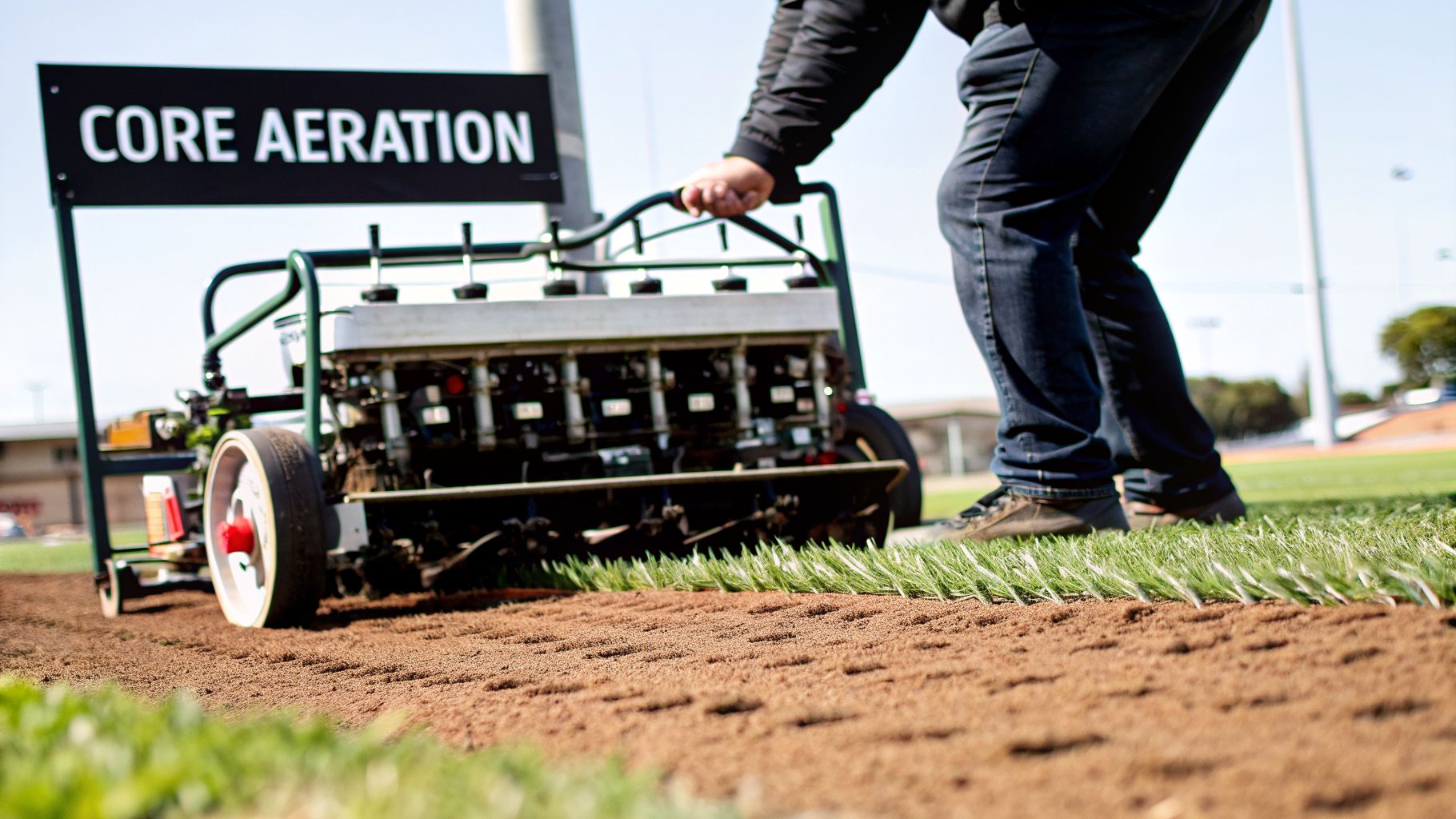 A person operates a core aeration machine on a green lawn, revealing lines of soil.