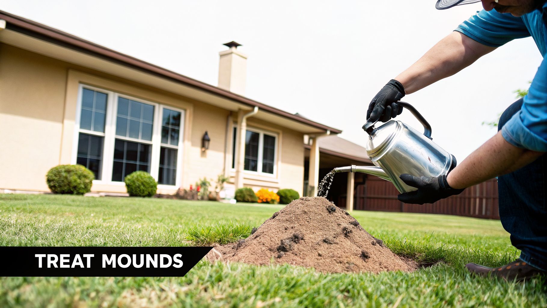 A person wearing gloves is pouring liquid from a metal watering can onto a large ant mound on a green lawn, treating it.
