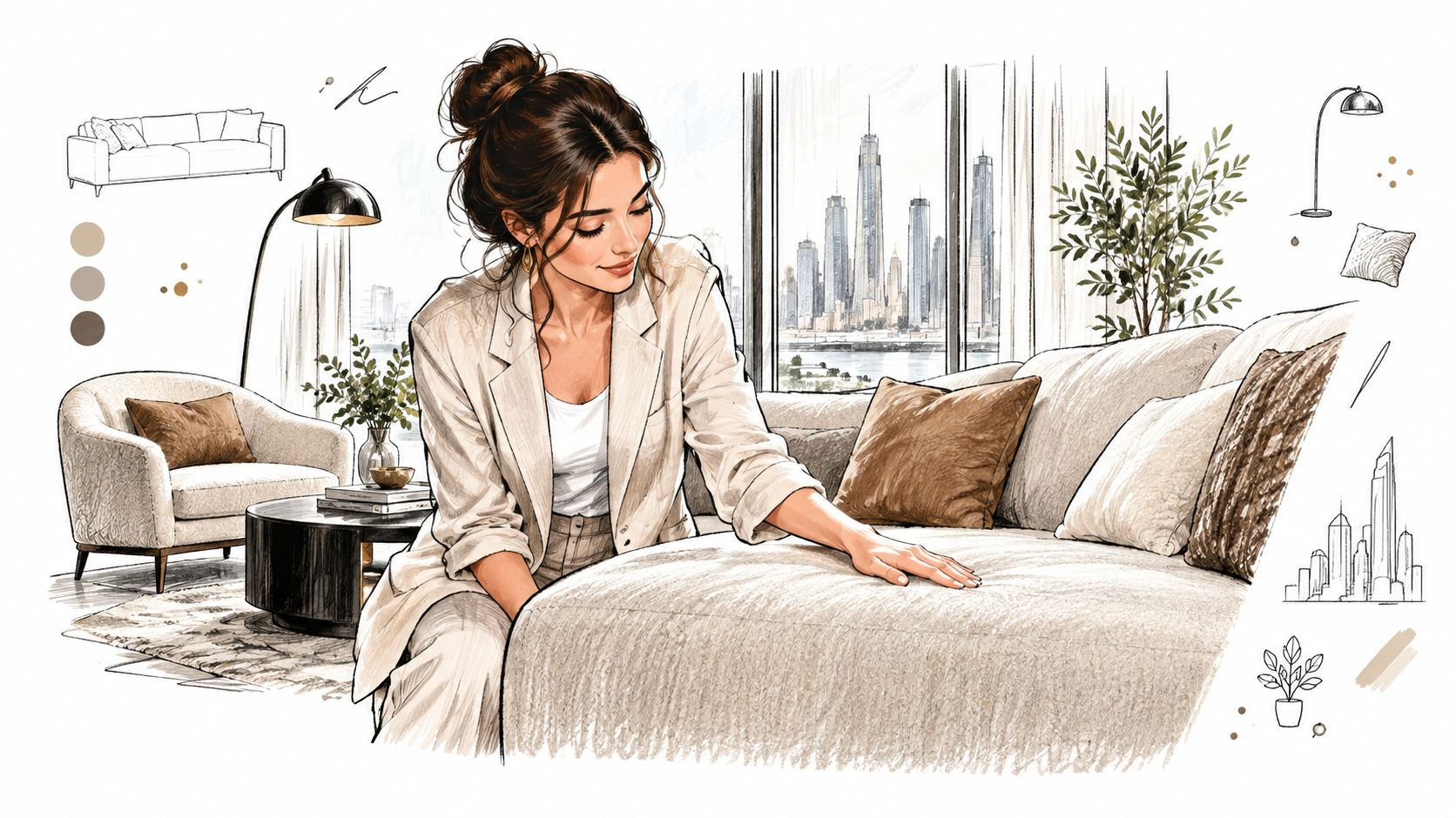 A woman in a beige blazer touches a textured sofa cushion in a chic modern living room.