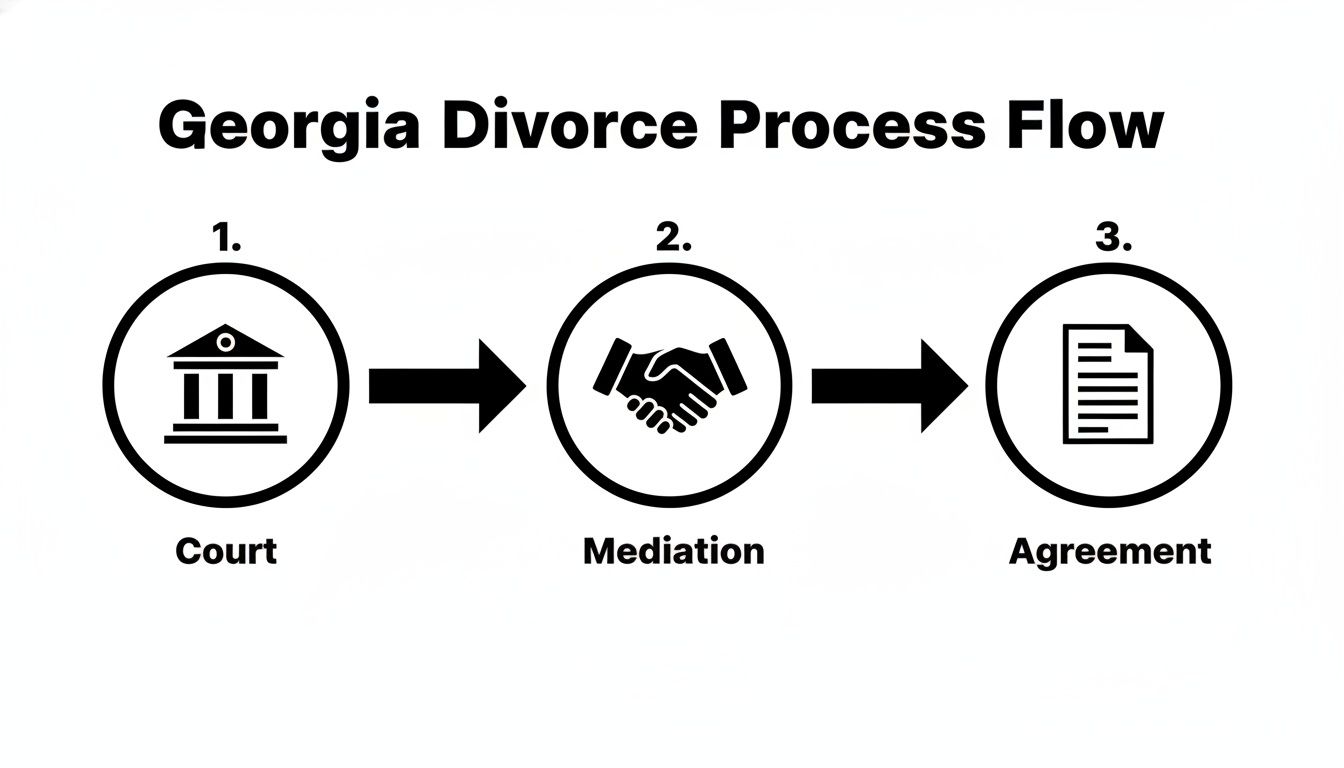 Flowchart illustrating the Georgia divorce process, from court to mediation and final agreement.