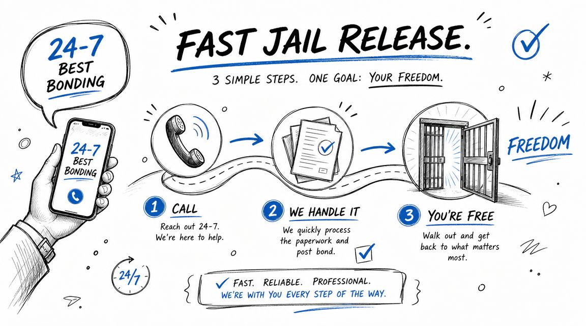 An illustrated guide explaining the three simple steps to secure a fast jail release service.