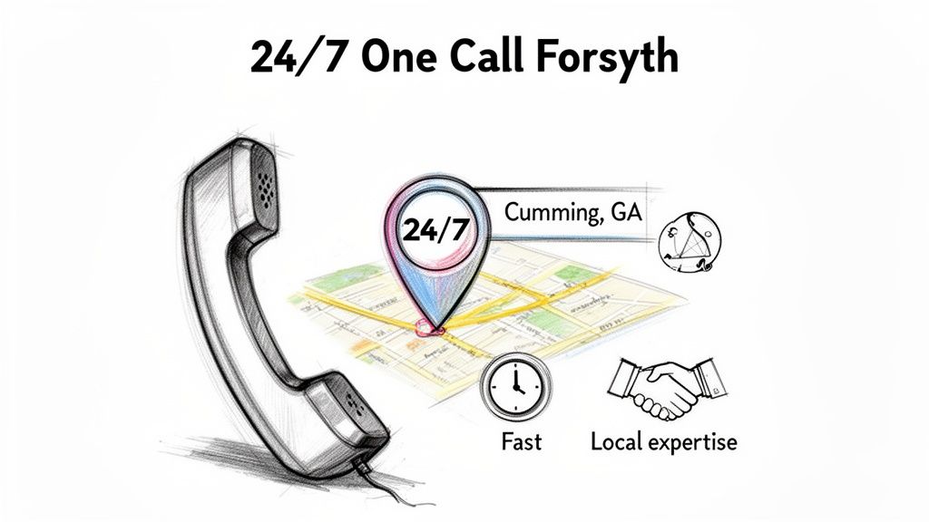 Sketch drawing representing 24/7 one call service in Forsyth, Cumming GA, emphasizing speed and local expertise.
