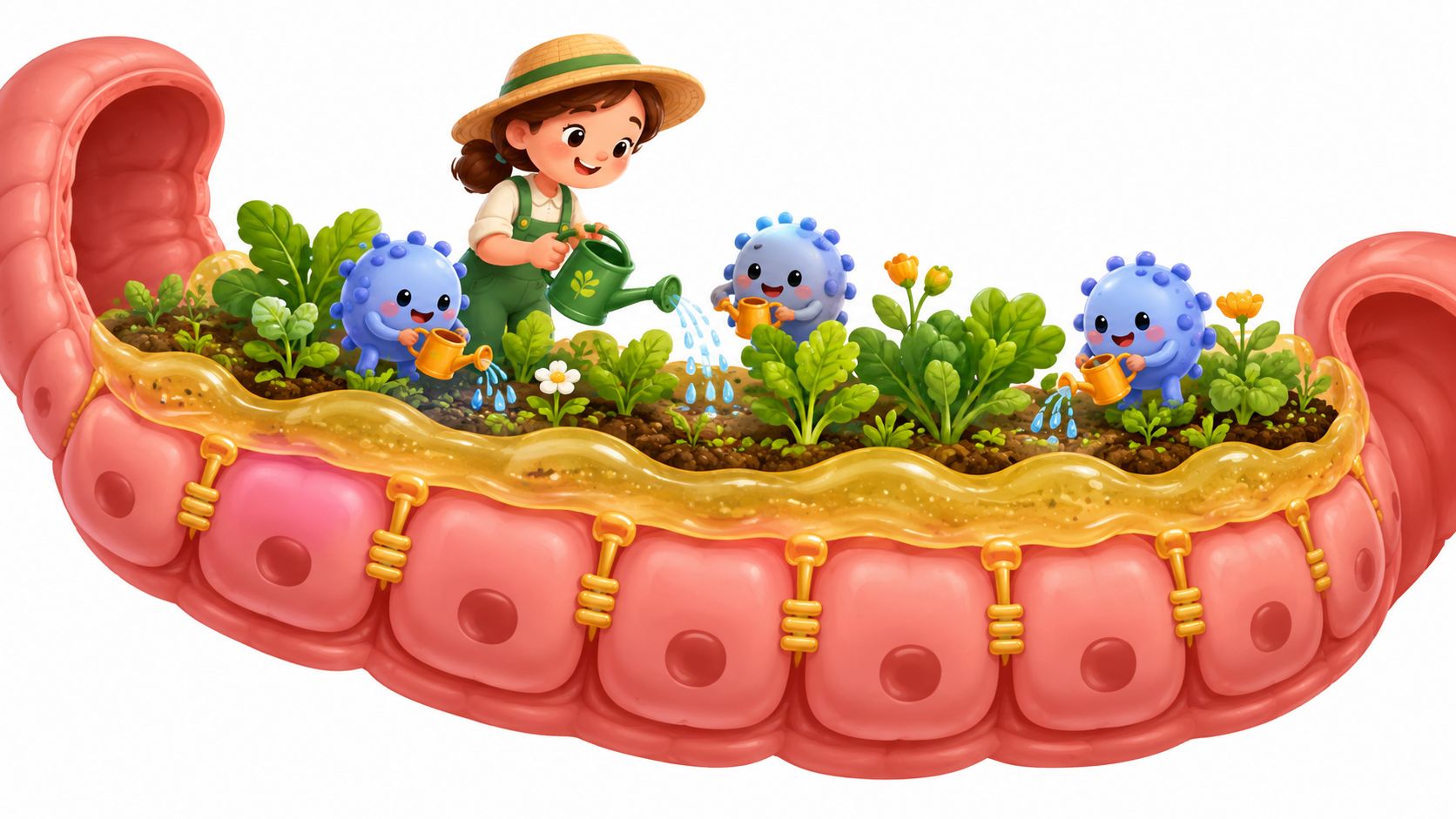 A girl and cute blue microbes watering a miniature garden inside a human digestive tract illustration.