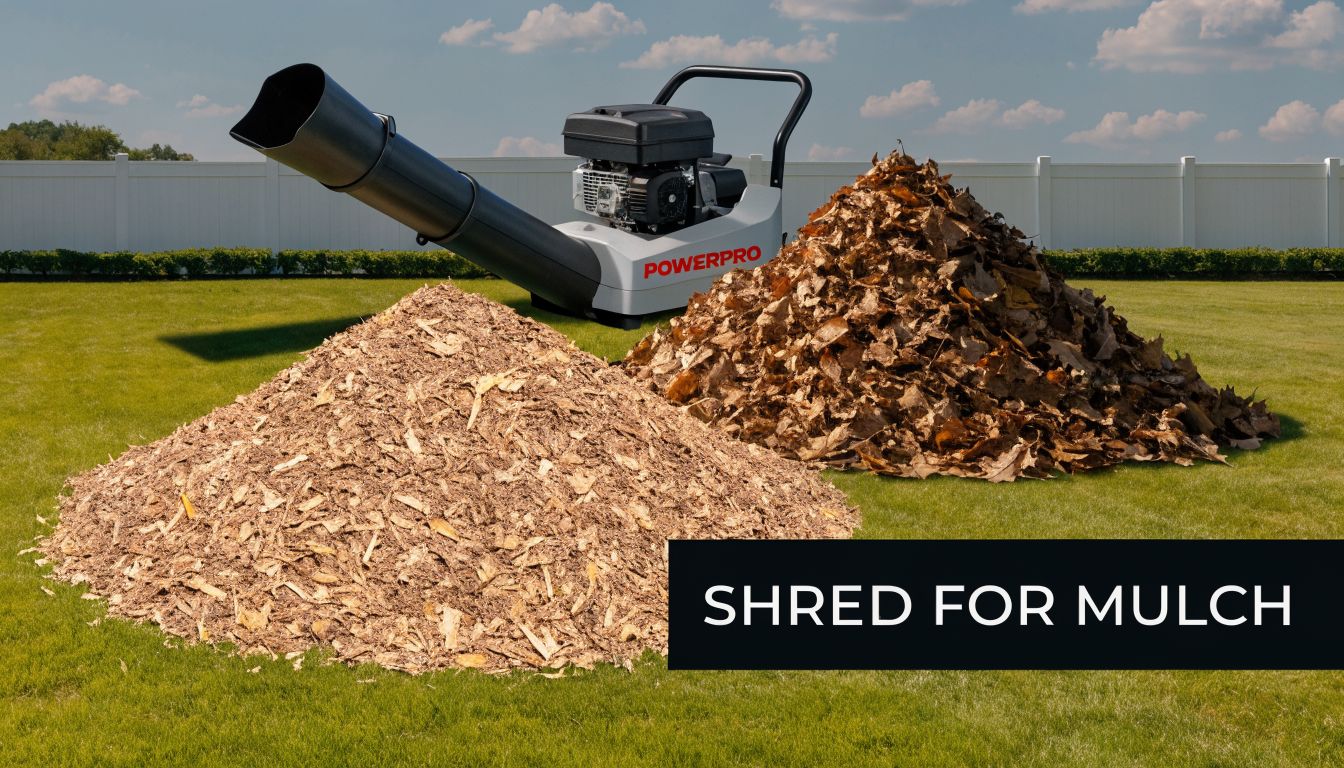 A powerful PowerPro leaf shredder machine sitting on a lawn beside piles of leaves and processed mulch.
