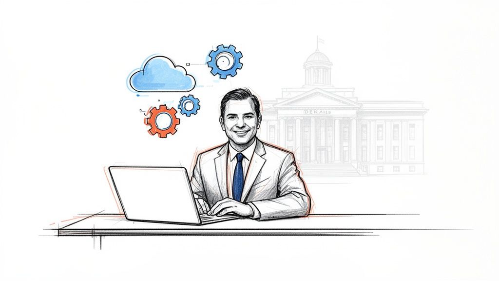 Illustration of a smiling man on a laptop with cloud and gear icons, against a courthouse background.