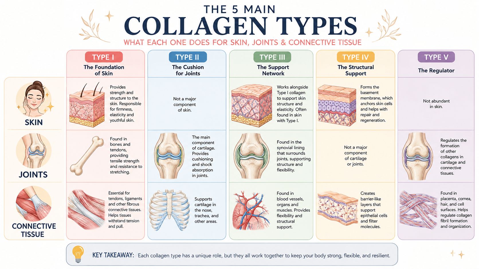 A detailed infographic illustrating the five main types of collagen and their specific roles in human body tissues.