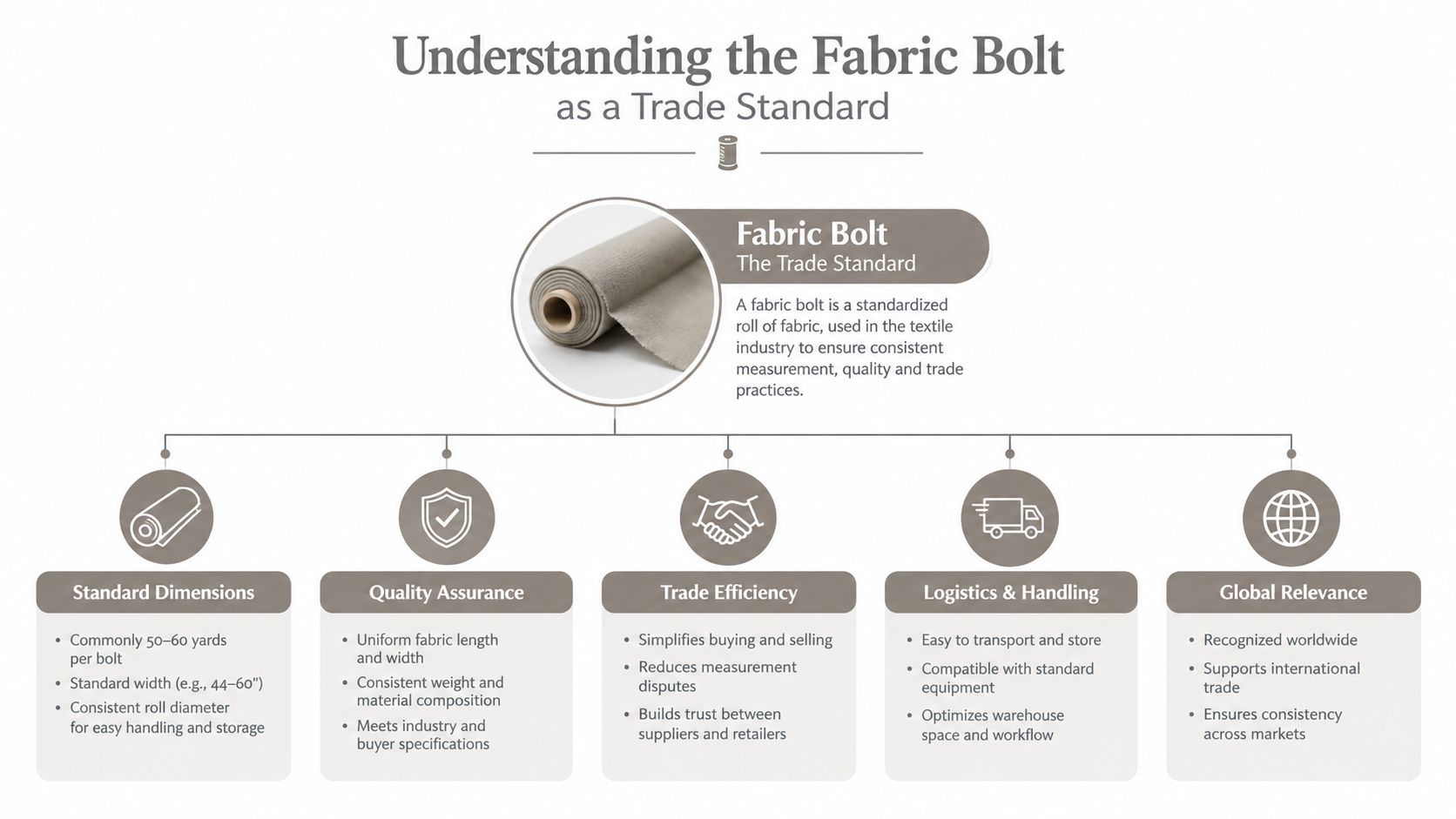 An infographic explaining the fabric bolt as a textile industry trade standard covering dimensions, quality, and logistics.