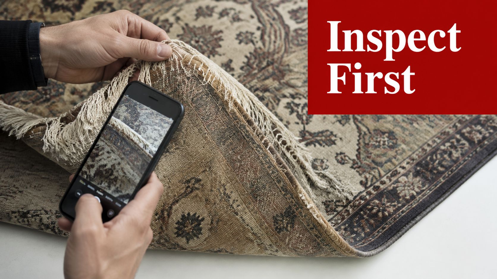 A person using a smartphone to inspect and photograph the fringe detail of an antique rug.