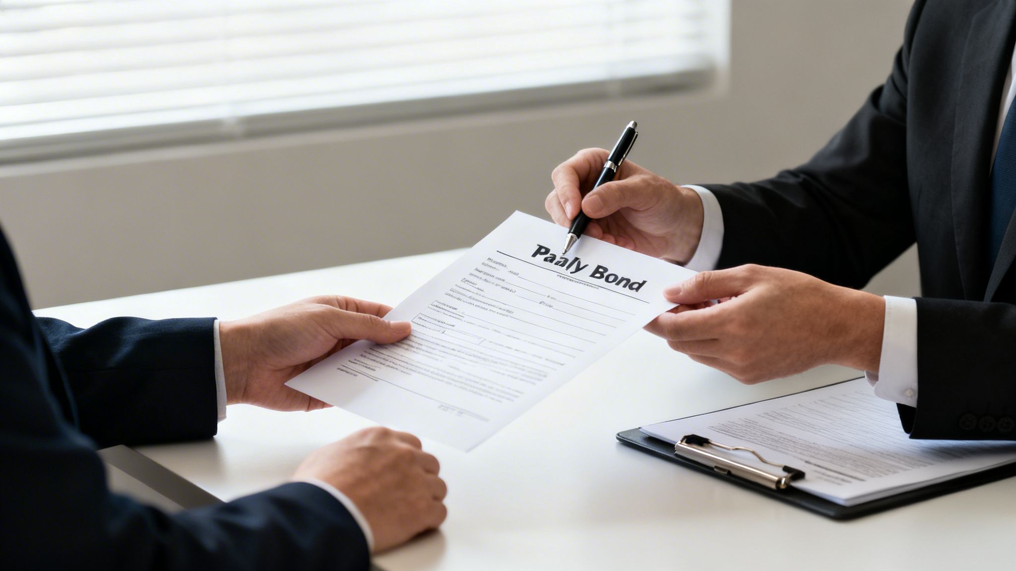 Hands of two businessmen in suits reviewing a document titled 'Paaly Bond' during a meeting.