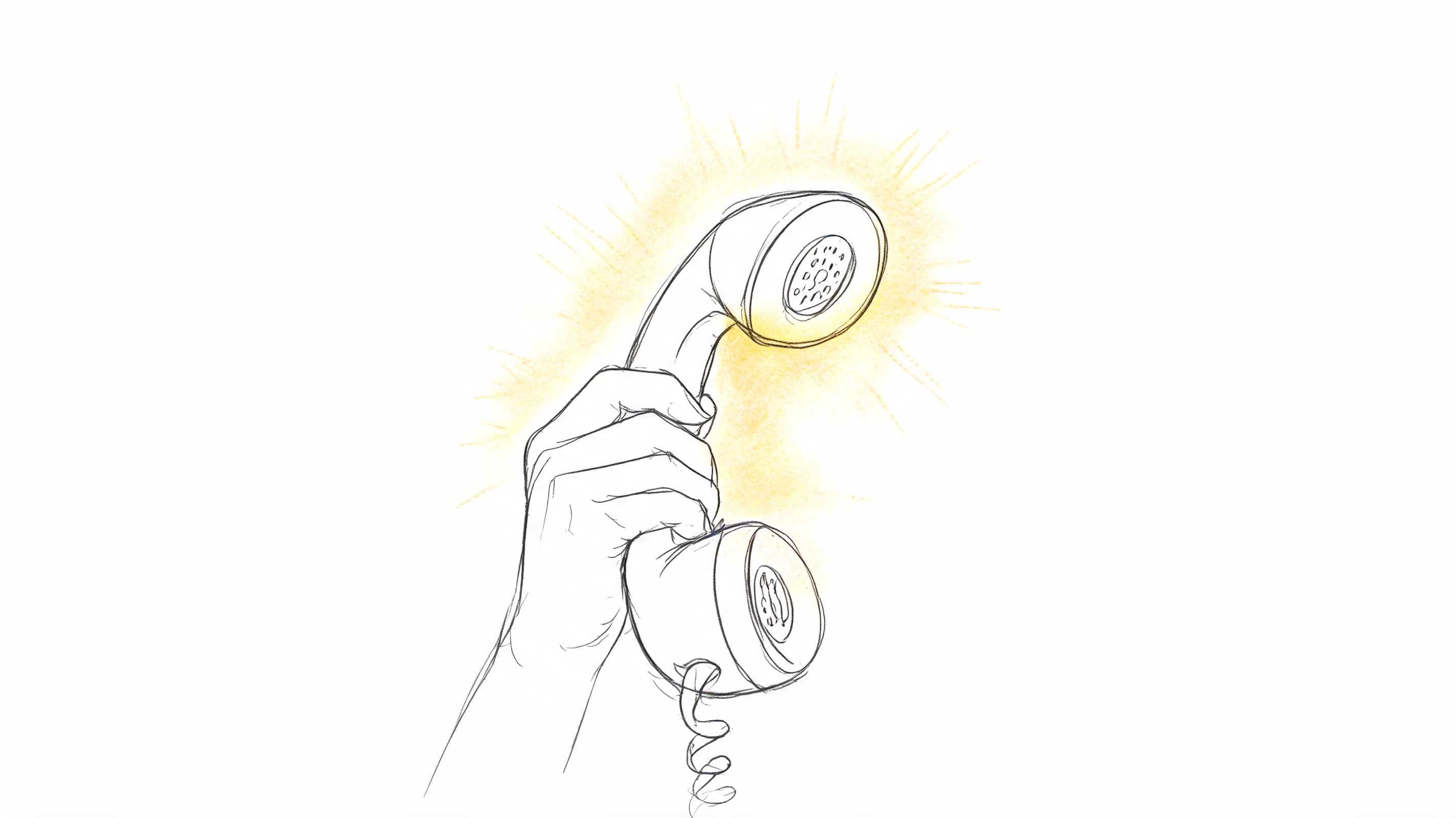 A hand holding a retro landline telephone handset, illustrated with glowing light effects around it.
