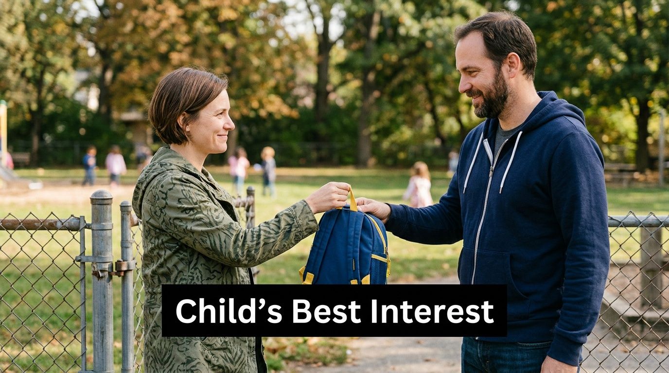 A separated couple exchanging a backpack at a playground, reflecting the concept of child's best interest.