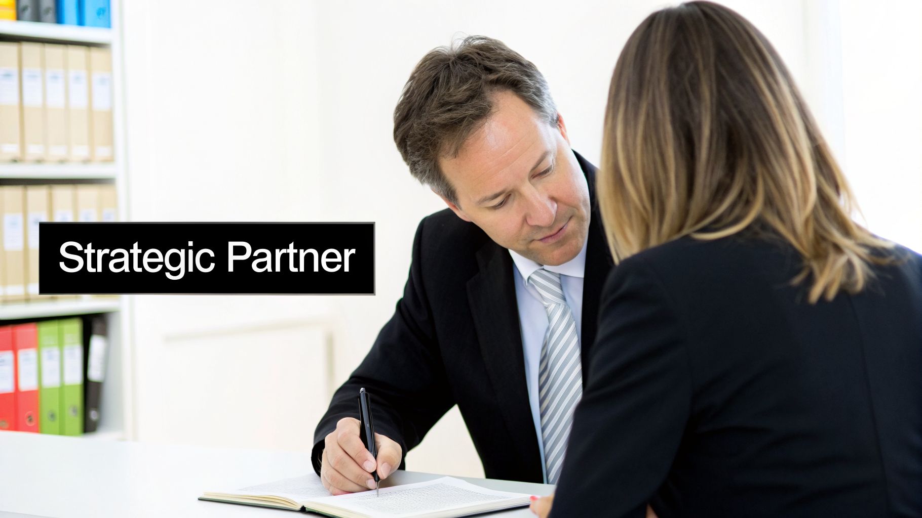 Two business professionals collaborate at a desk, with the text 'Strategic Partner' overlaid on the image.