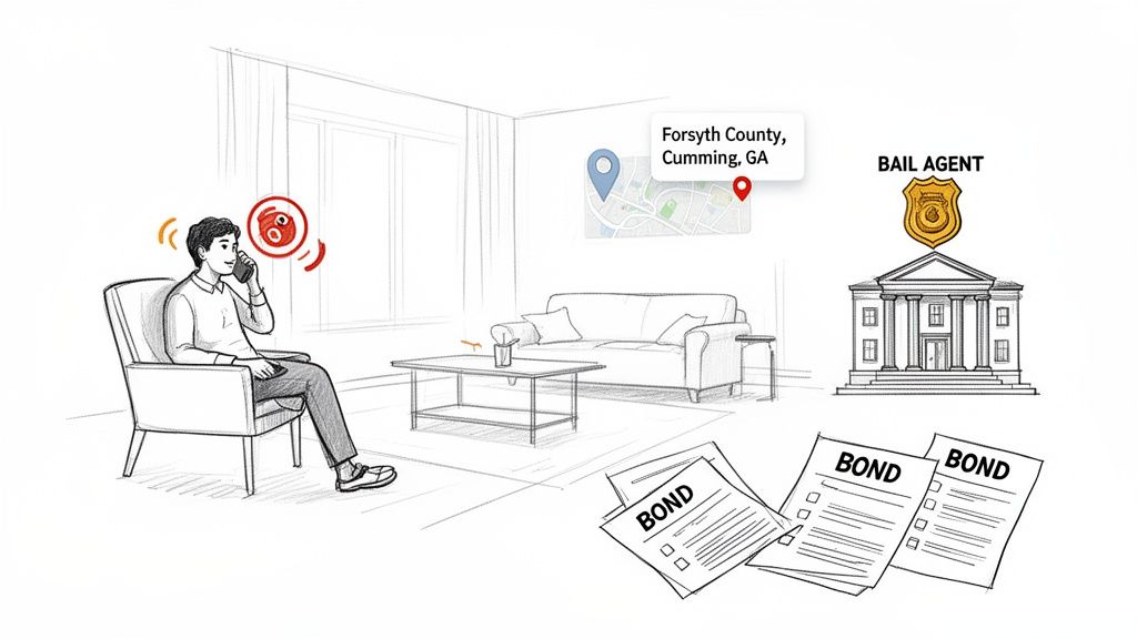 A man on the phone, a map of Forsyth County, a bail agent building, and bond documents.