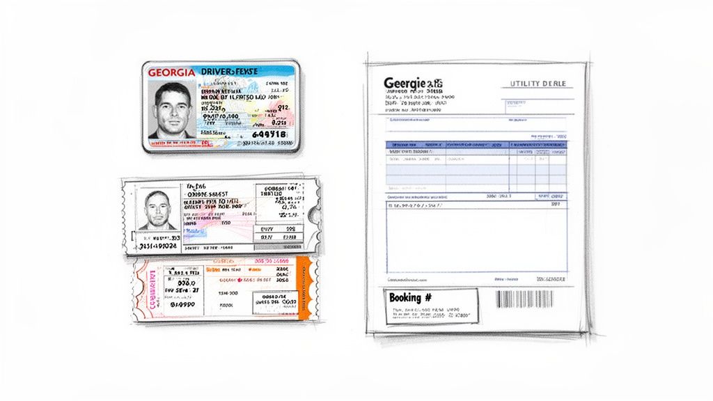 Sketches of a Georgia driver's license, two tickets with a person's photo, and a utility bill with booking number.