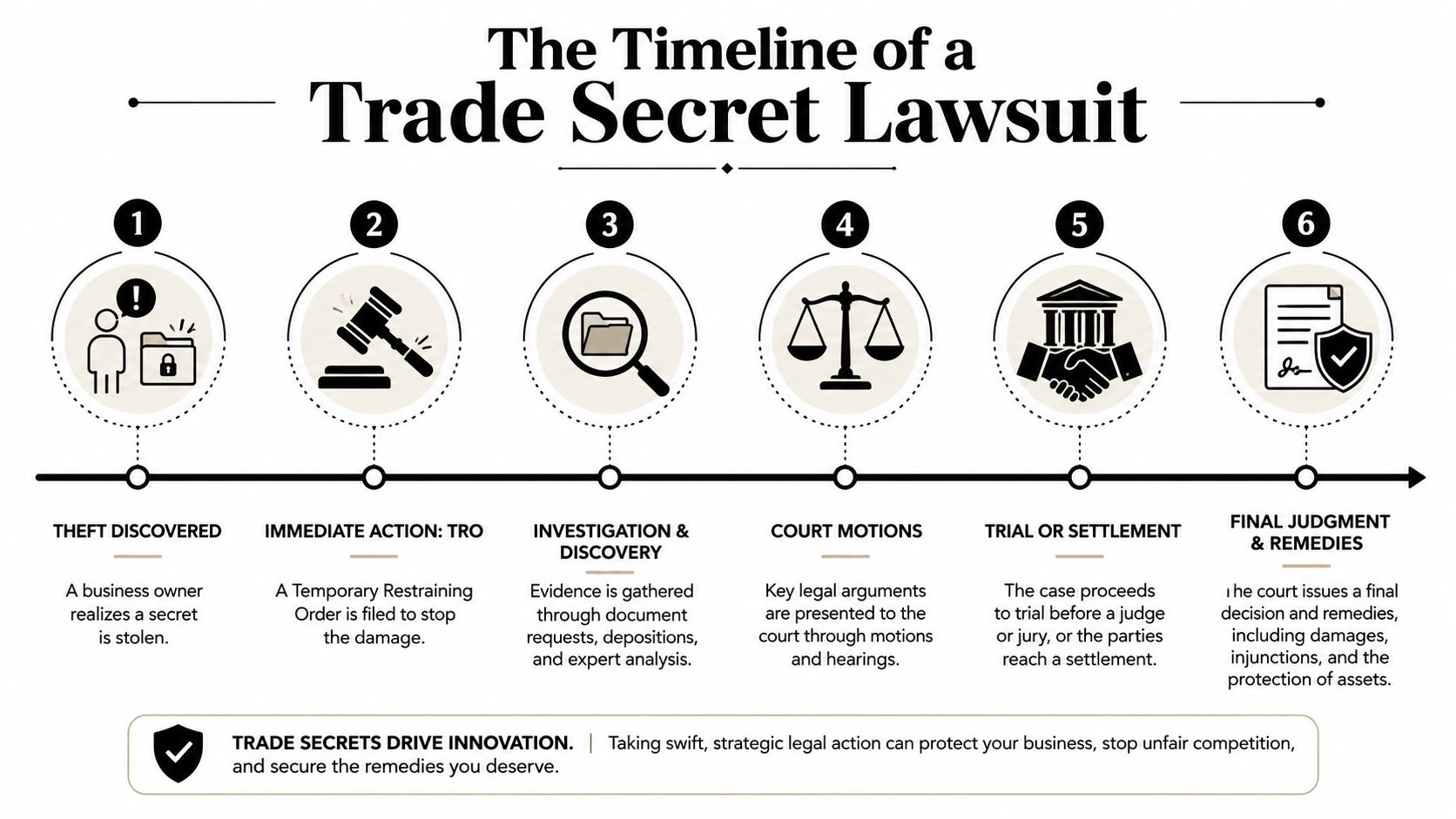 A six-step timeline infographic outlining the legal process of a trade secret lawsuit from discovery to final judgment.