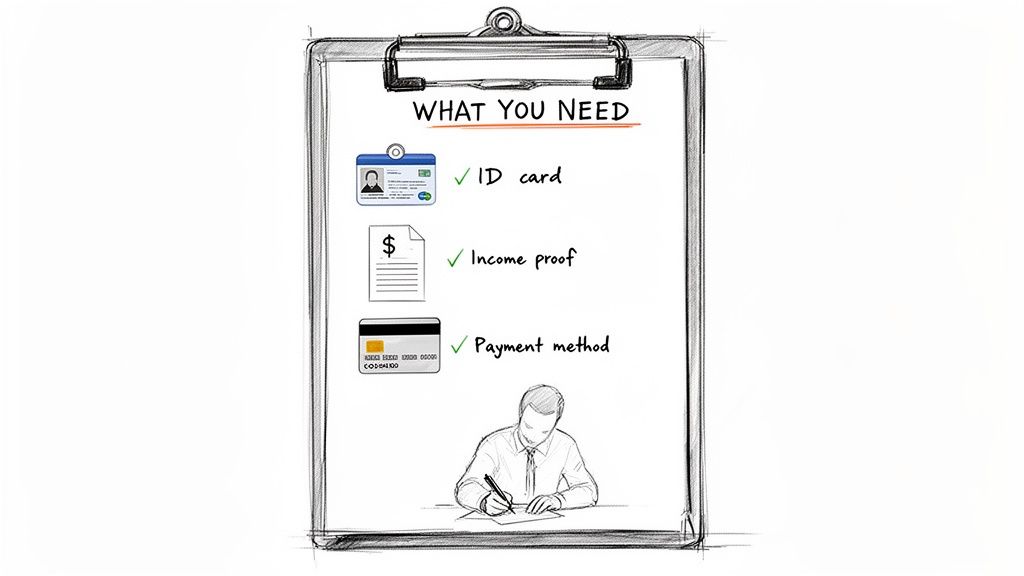 A clipboard titled 'WHAT YOU NEED' lists an ID card, income proof, and payment method, with a person writing below.